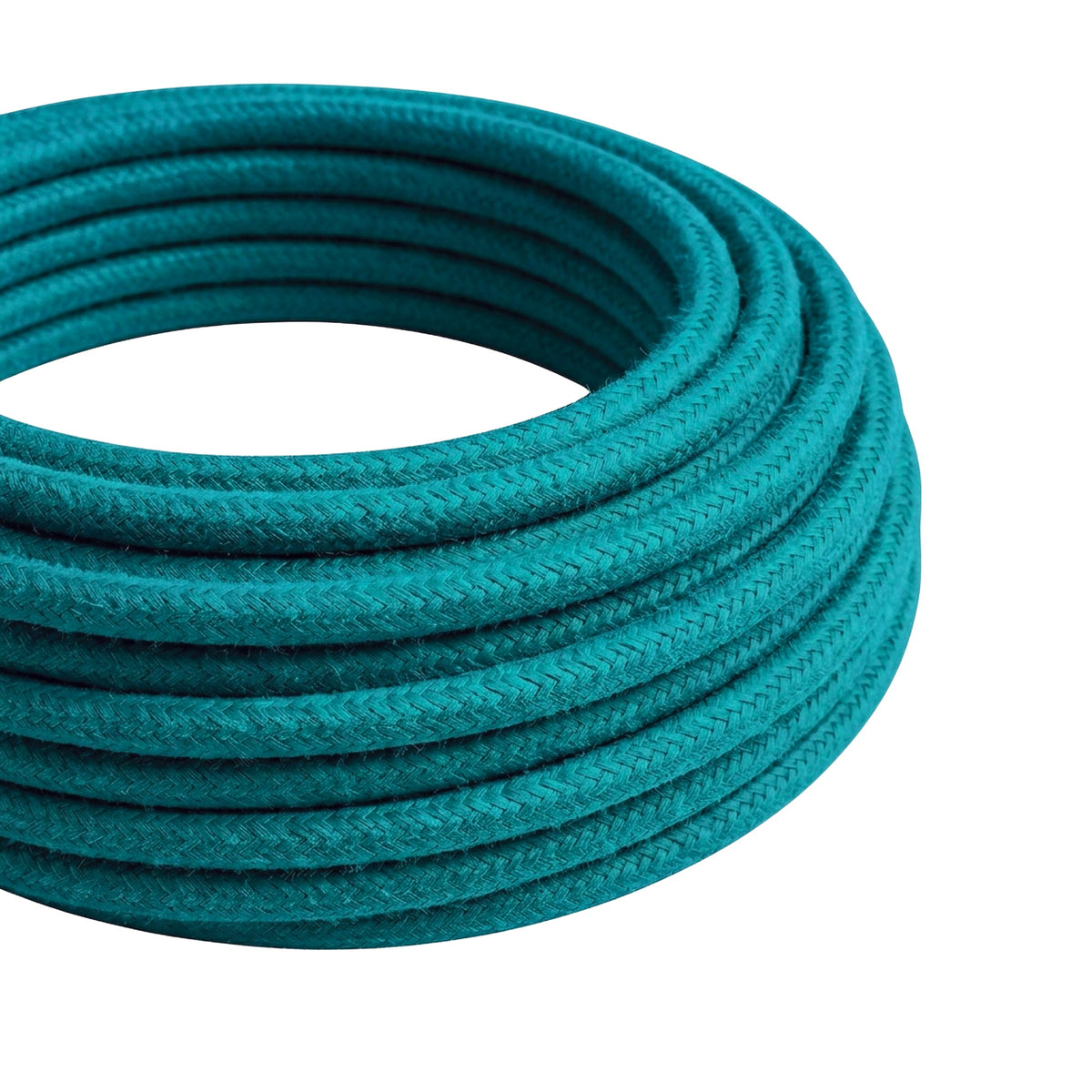 Cable textil redondo de algodón – Cerúleo, rollo en primer plano