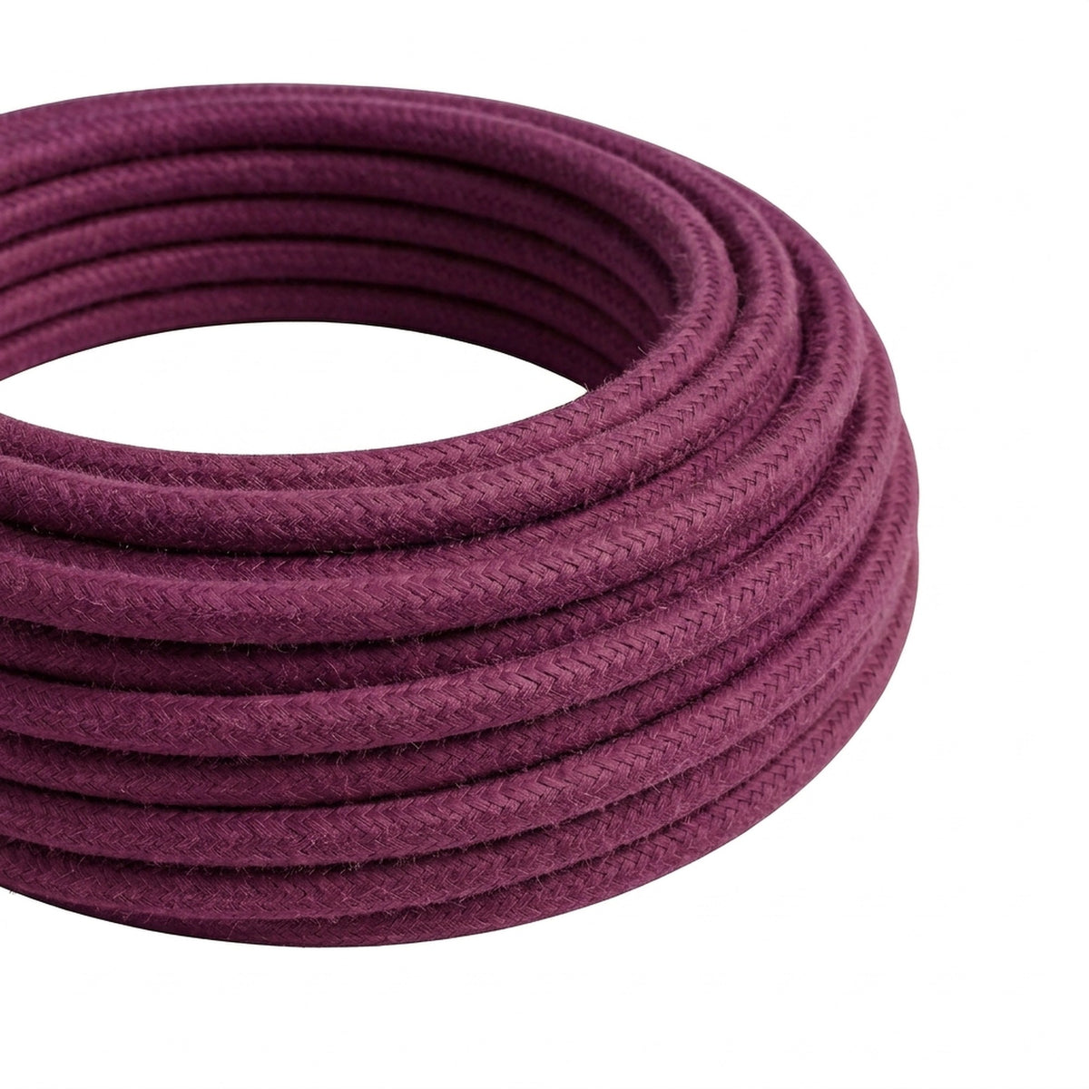 Cable textil redondo de algodón – Vino tinto, rollo en primer plano