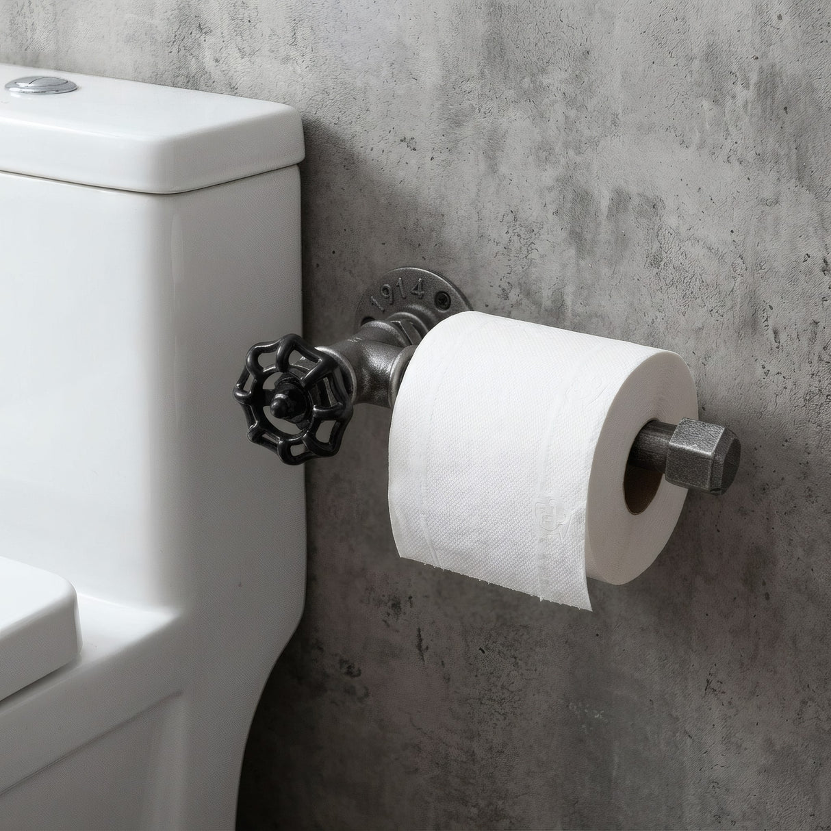 Dérouleur de papier toilette mural en fonte noire à volant, installé à côté des WC
