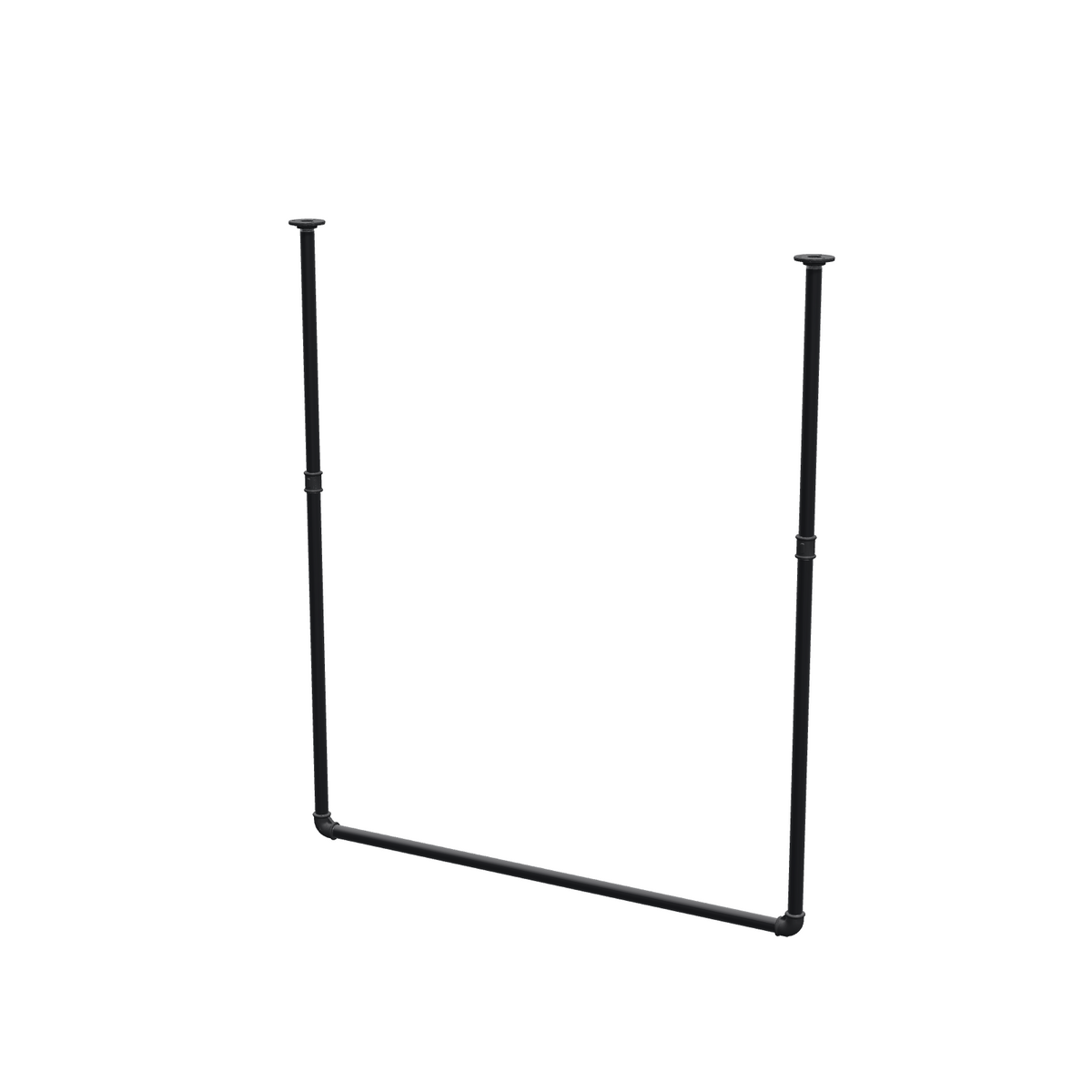 Portant à vêtements suspendu au plafond en tubes d'acier peints noir mat Ø 27 mm — largeur 106 cm, hauteur sous plafond 123 cm, vue de trois quarts sur fond blanc