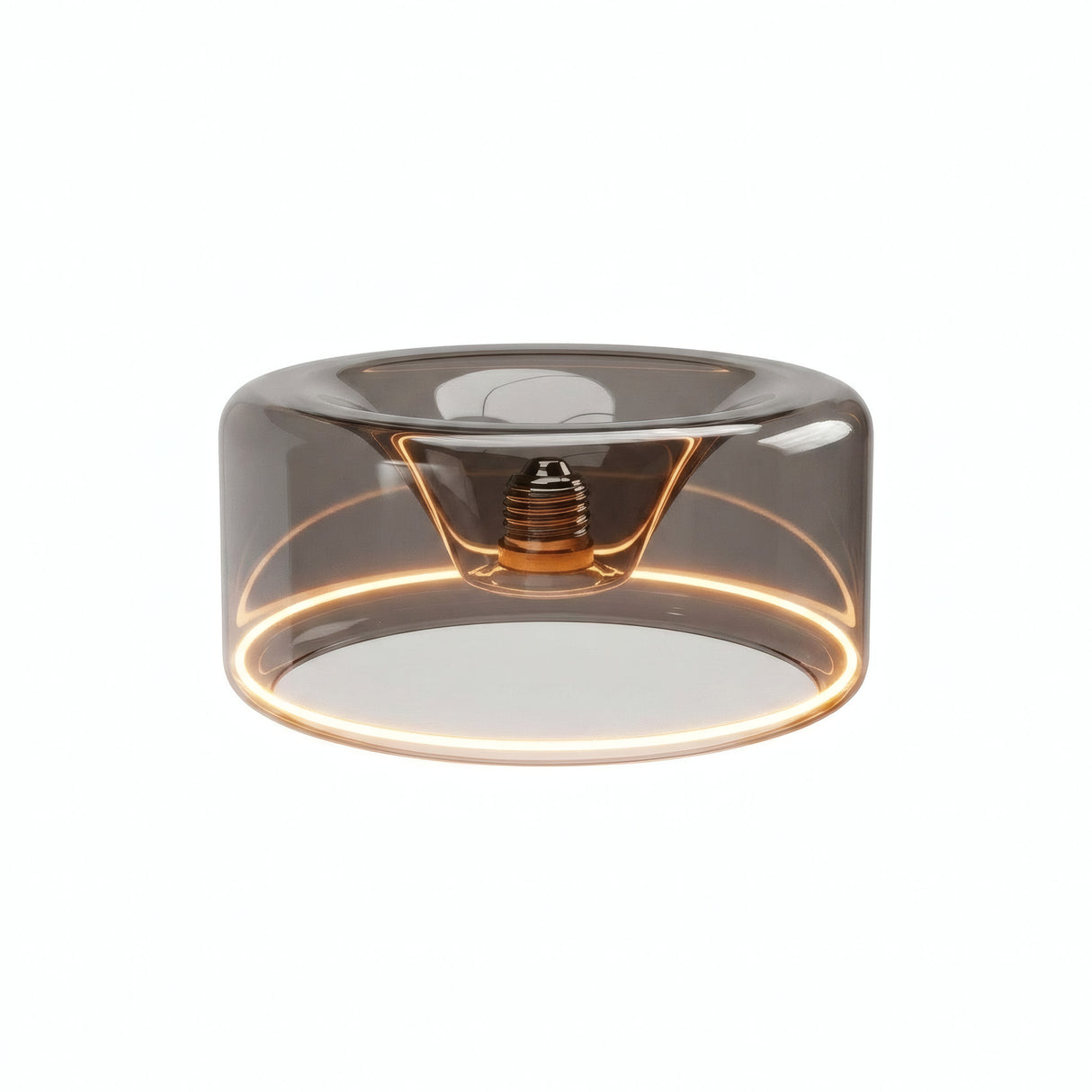 Bombilla LED donut E27 de cristal ahumado, Ø 195 mm, encendida, anillo de luz cálida, fondo blanco