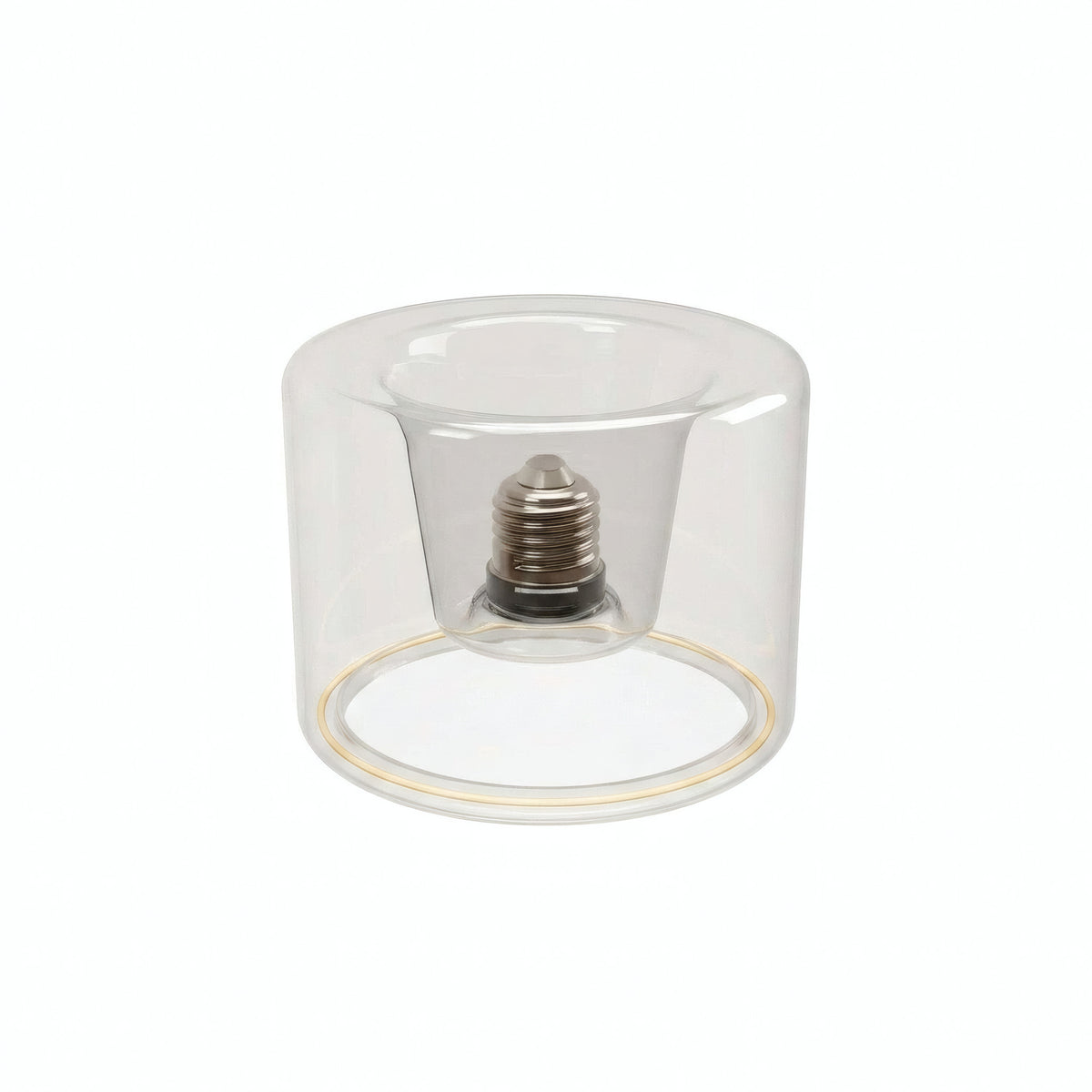 Bombilla LED donut E27 de cristal transparente, Ø 120 mm, vista de tres cuartos, fondo blanco