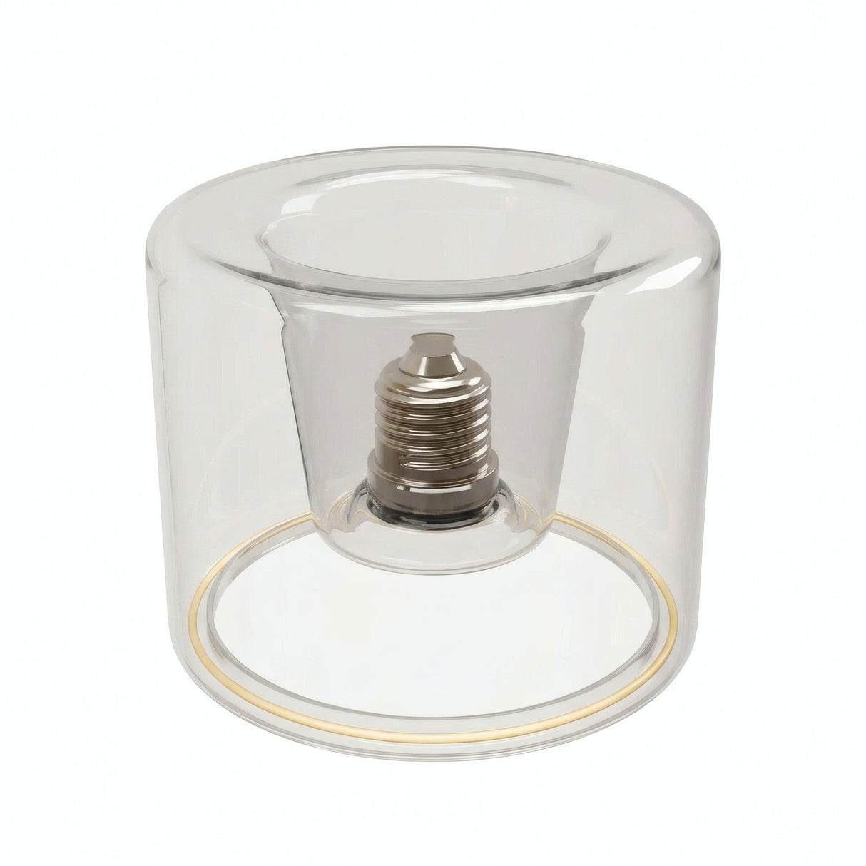 Bombilla LED donut E27 de cristal transparente, Ø 120 mm, vista ligeramente en picado, fondo blanco