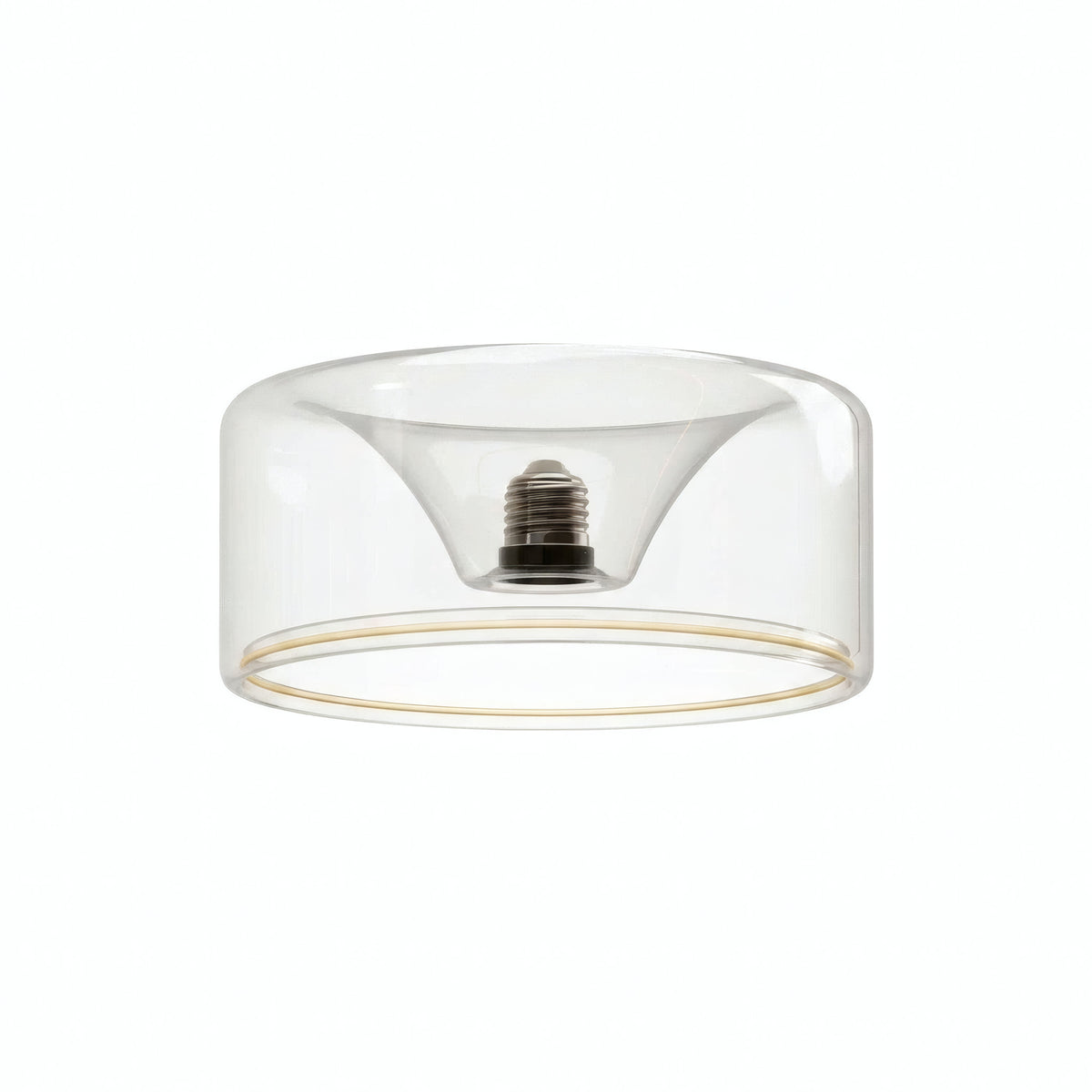 Bombilla LED donut E27 de cristal transparente, Ø 195 mm, vista de tres cuartos, fondo blanco