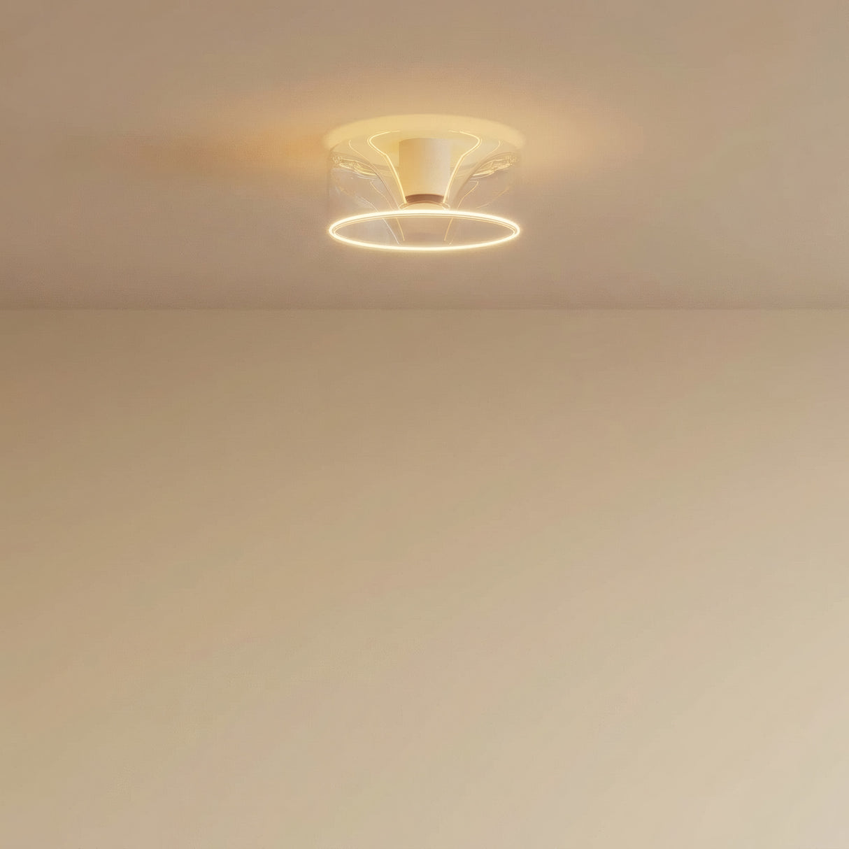Bombilla LED donut E27 de cristal transparente, Ø 195 mm, encendida en el techo de un interior sobrio