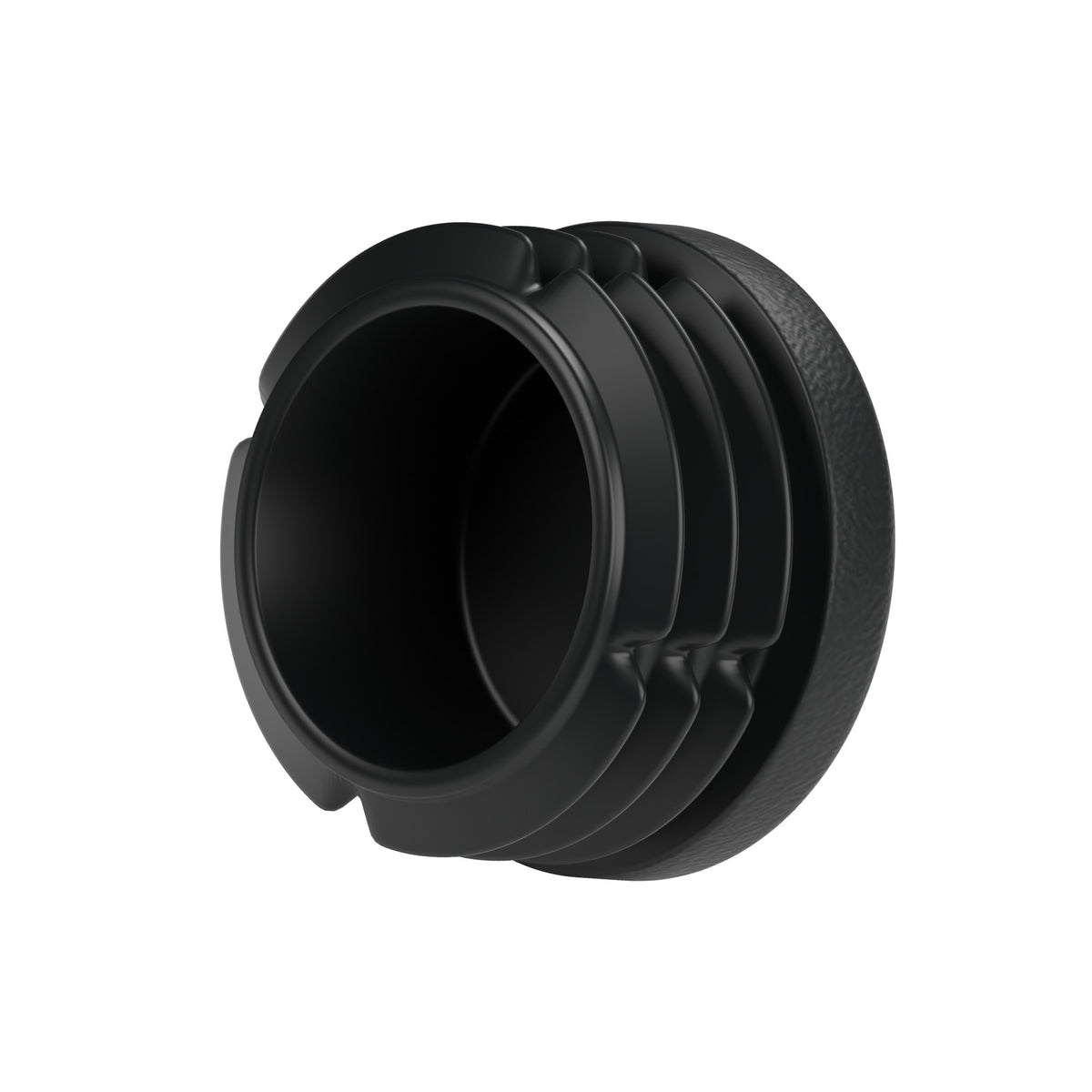 Tapón de plástico negro para racor hembra 3/4″ 20x27, vista inferior: cuerpo hueco y aletas