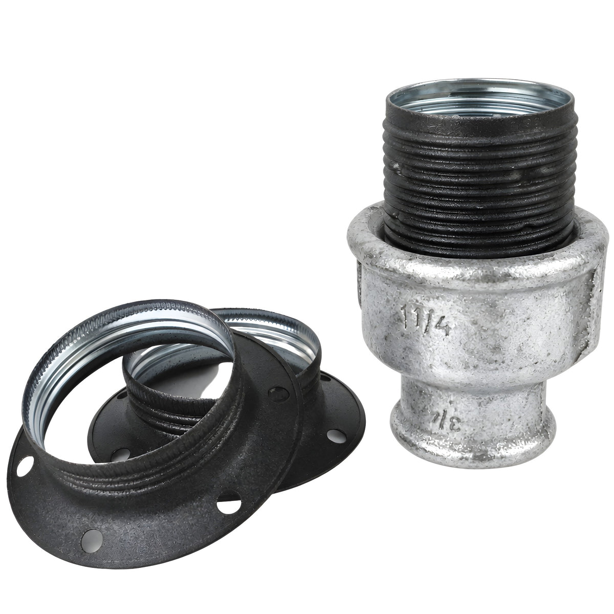 Kit portalámparas E27 de metal mate gris sobre racor hembra de hierro fundido galvanizado