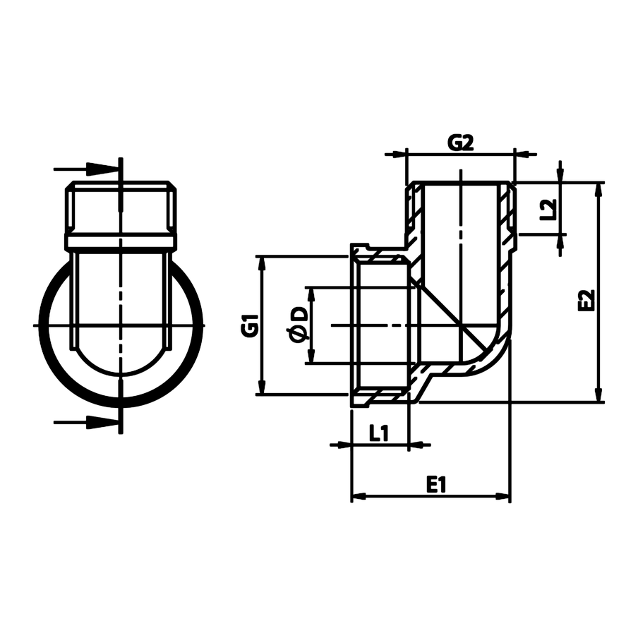 Dibujo técnico acotado: codo reductor H/M de latón (ref. 2093)