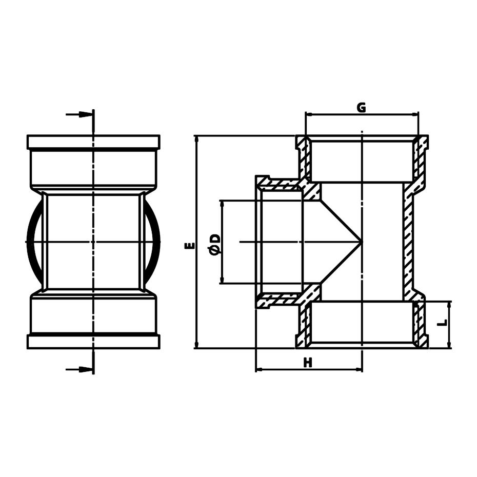 Dibujo técnico acotado: te igual H/H/H de latón (ref. 2130)