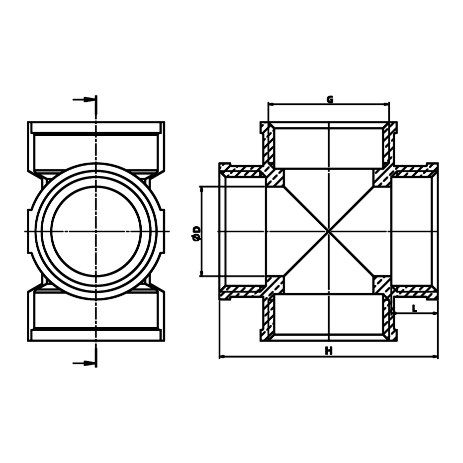 Dibujo técnico acotado: cruz H/H/H/H de latón (ref. 2180)