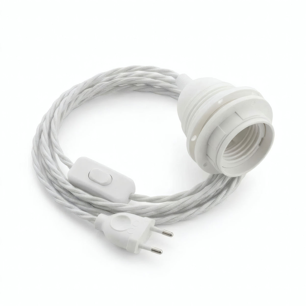 Lámpara colgante de cable textil trenzado, algodón blanco óptico, portalámparas E27 con anillos para pantalla