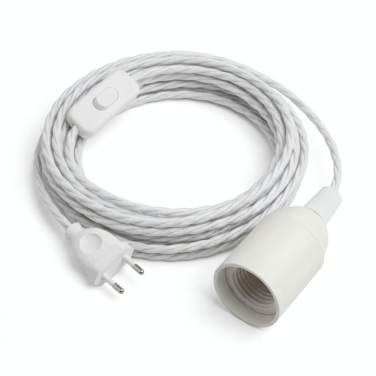 Lámpara colgante de cable textil trenzado, algodón blanco óptico, portalámparas E27