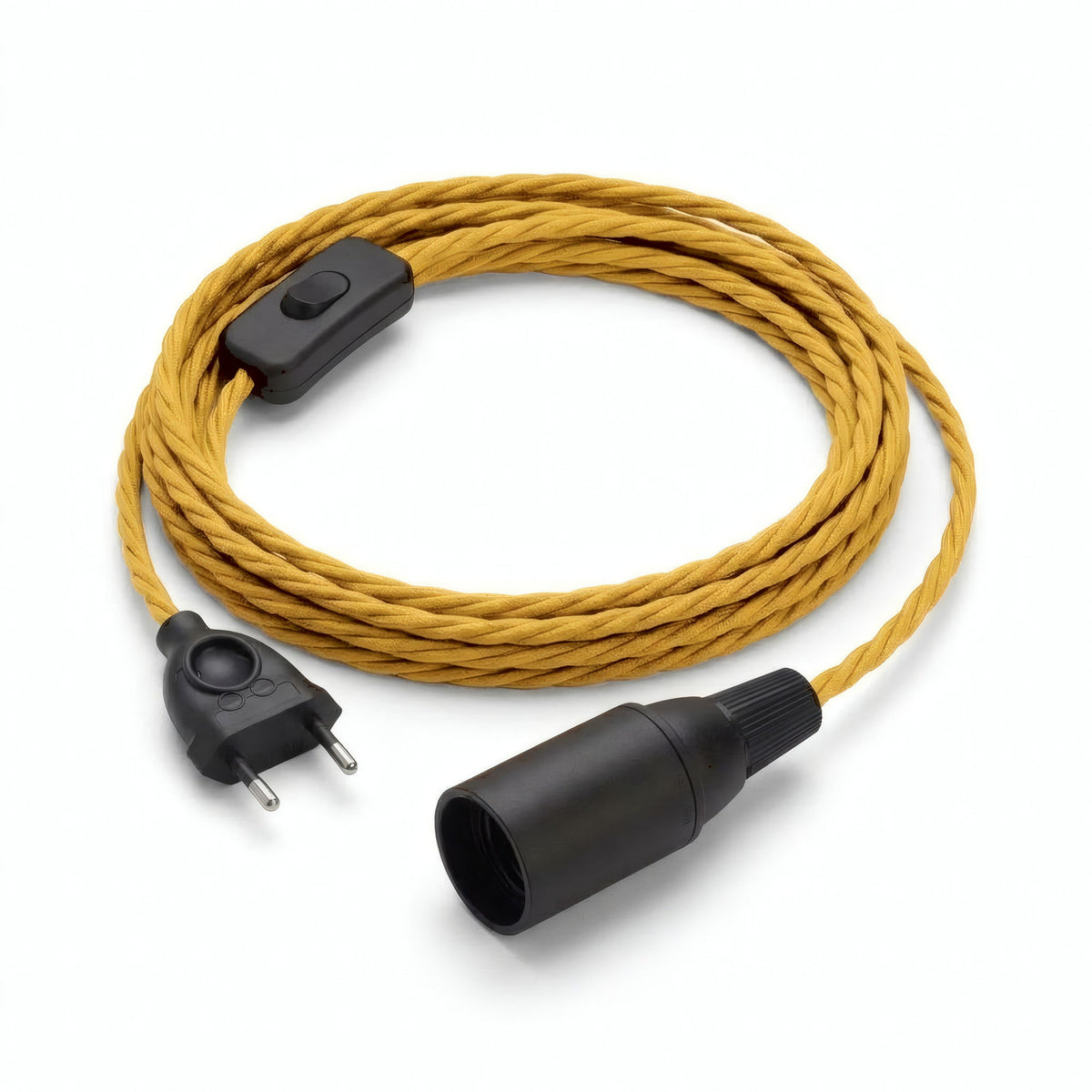 Lámpara colgante de cable textil trenzado, efecto seda amarillo mostaza, portalámparas E14