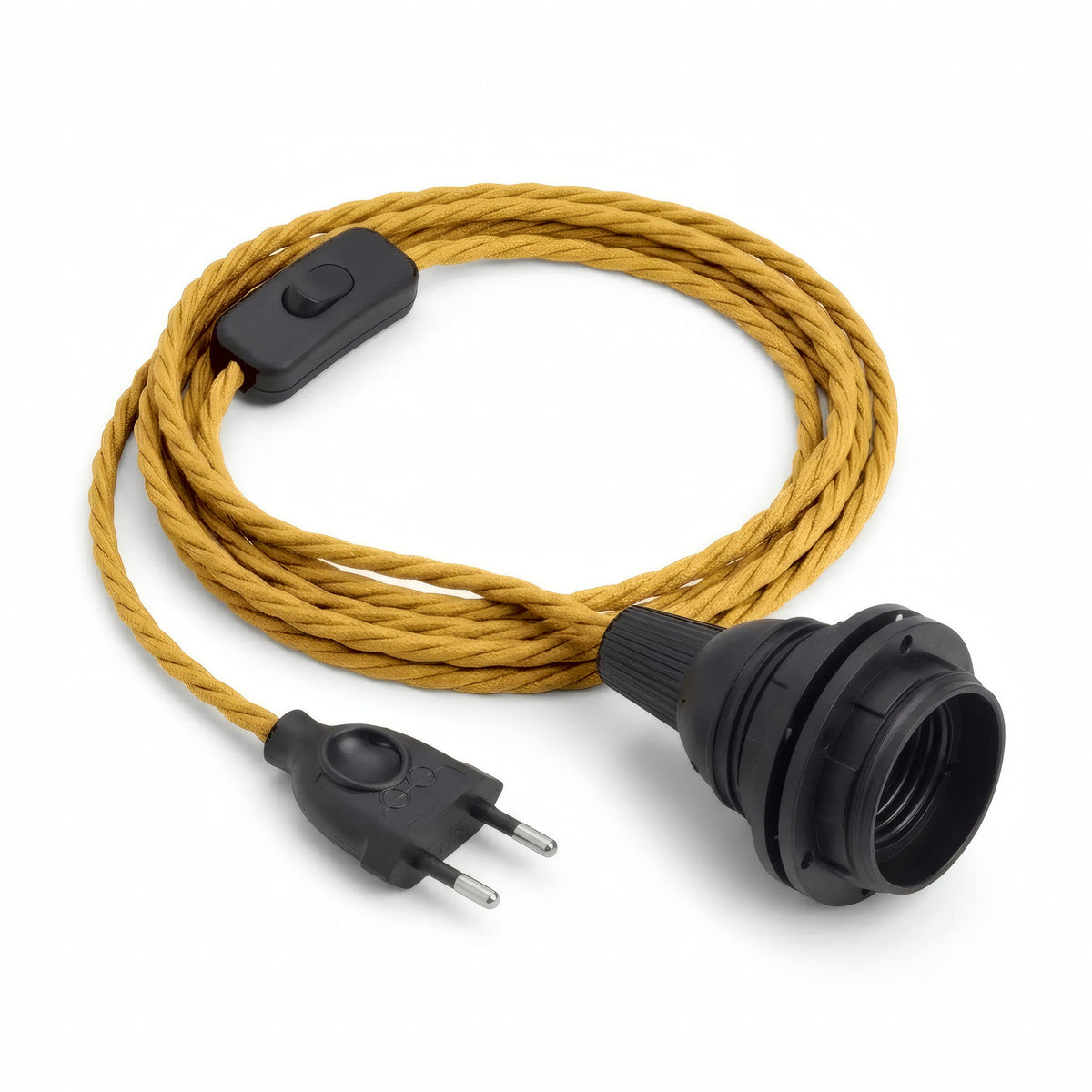 Lámpara colgante de cable textil trenzado, efecto seda amarillo mostaza, portalámparas E27 con anillos para pantalla