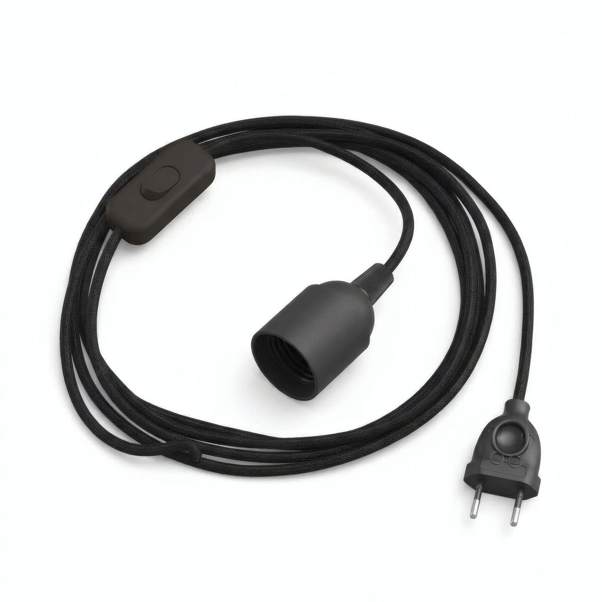 Lámpara colgante de cable textil liso, algodón negro carbón, portalámparas E27, otra vista