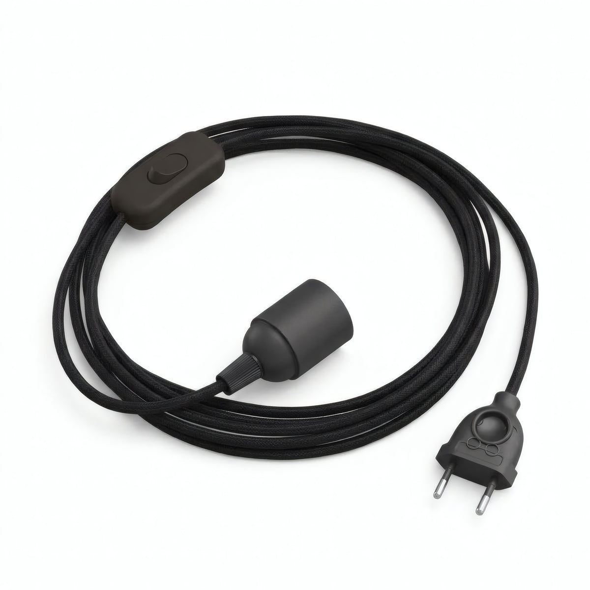 Lámpara colgante de cable textil liso, algodón negro carbón, portalámparas E27