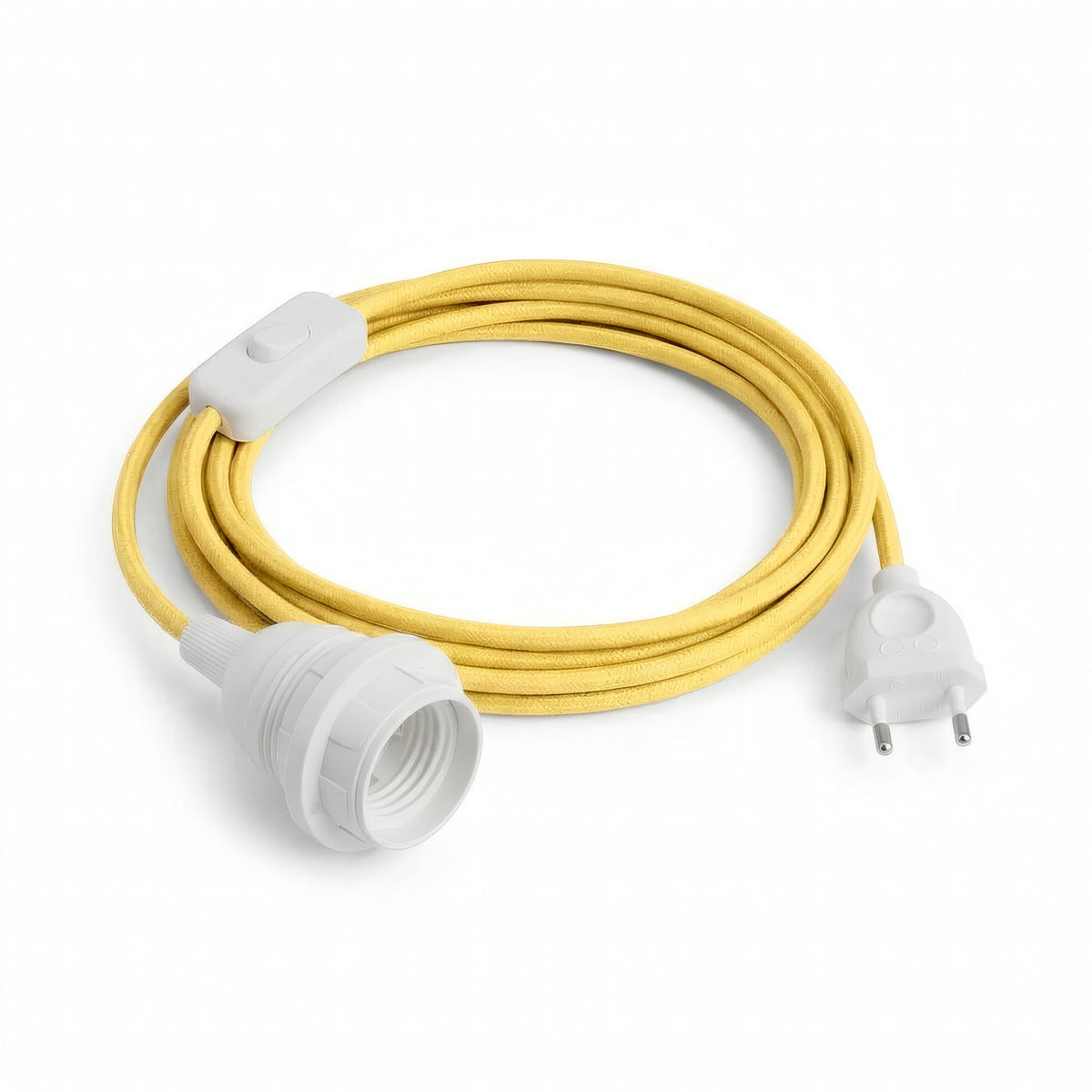 Lámpara colgante de cable textil liso, efecto seda amarillo maíz, portalámparas E27 con anillos para pantalla