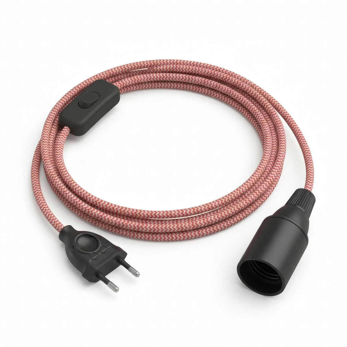 Lámpara colgante de cable textil zigzag, efecto seda rojo fuego y blanco óptico, portalámparas E14