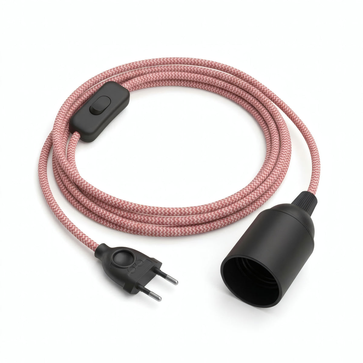 Lámpara colgante de cable textil zigzag, efecto seda rojo fuego y blanco óptico, portalámparas E27