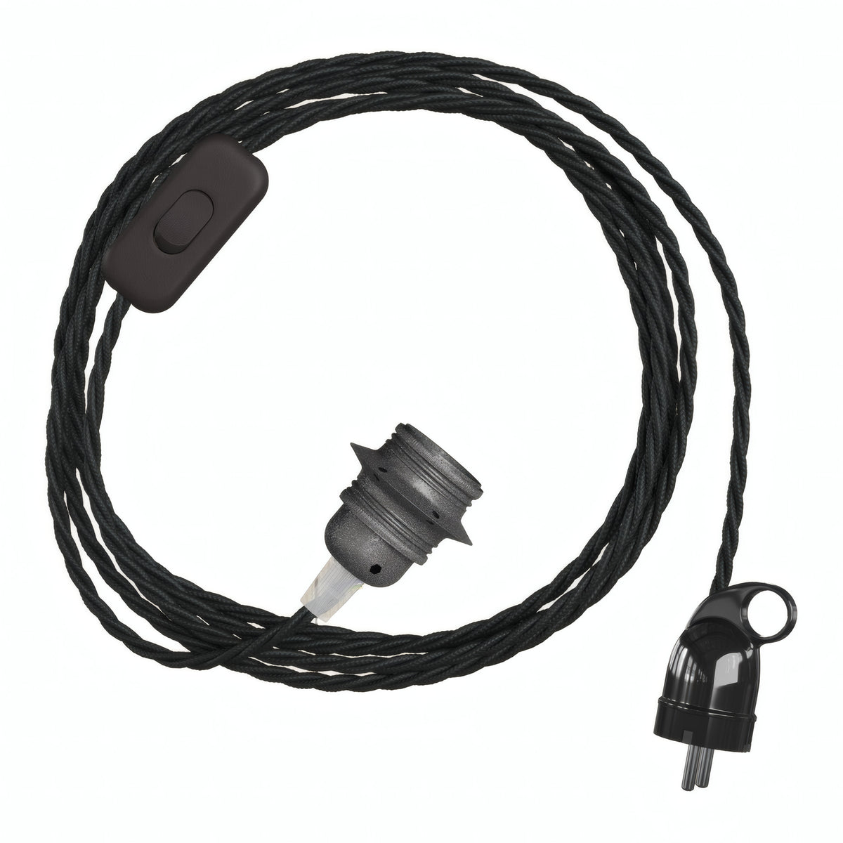Lámpara colgante de cable textil trenzado, portalámparas de metal gris oscuro y enchufe Schuko