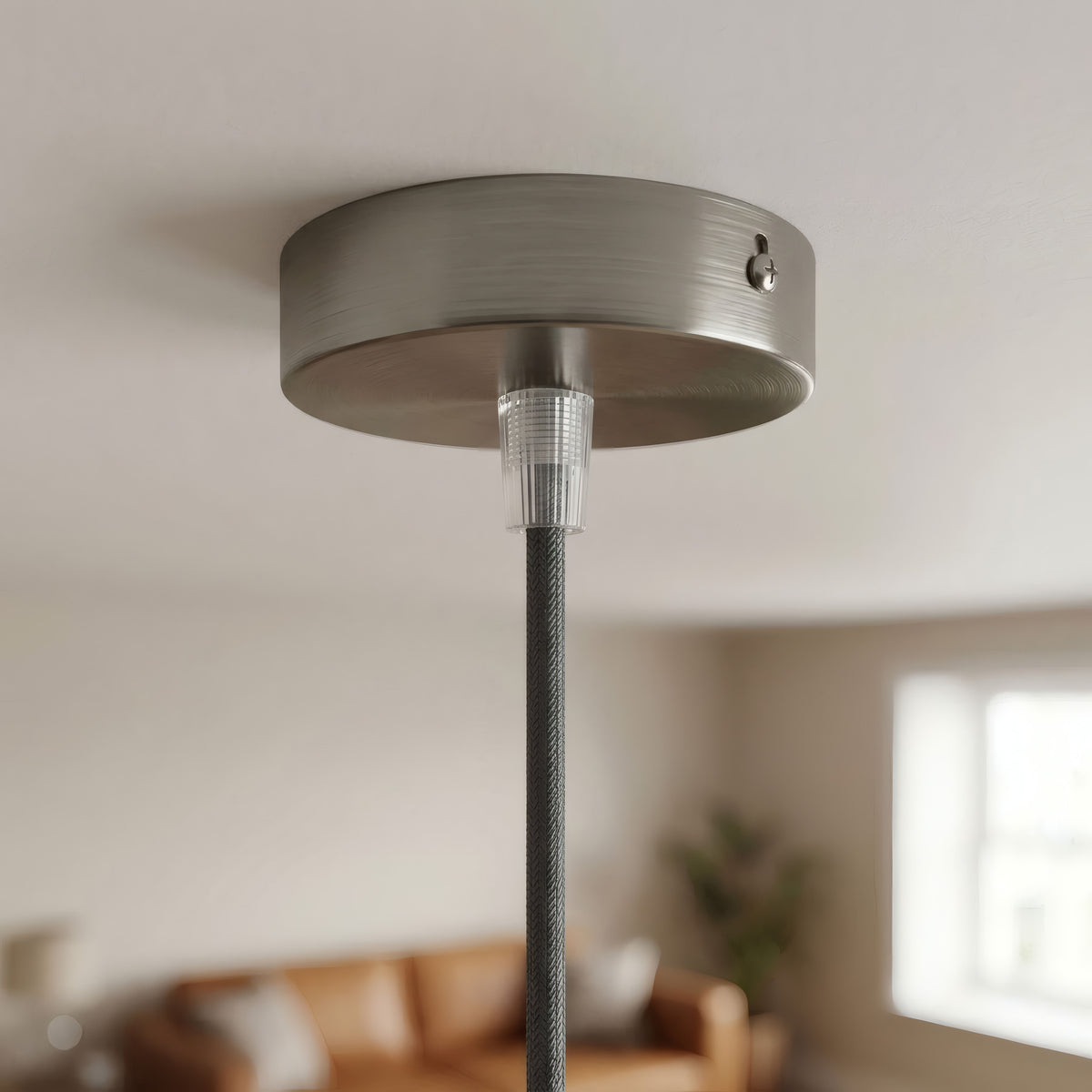 Mini florón cilíndrico de metal, Ø 83 mm — 1 orificio central / Cónico de termoplástico / Titanio satinado