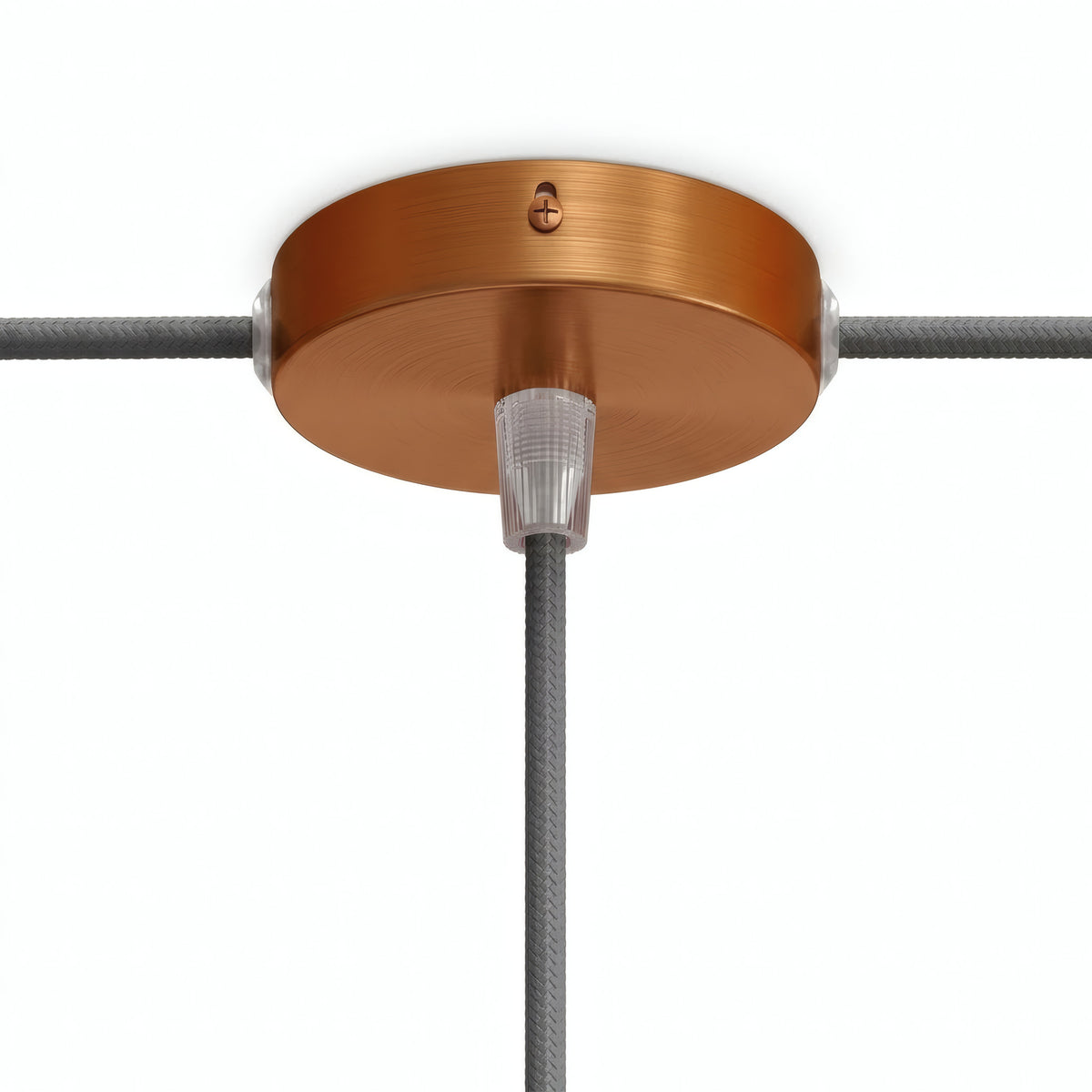 Mini florón cilíndrico de metal, Ø 83 mm — 1 orificio central y 2 laterales / Cónico de termoplástico / Cobre satinado