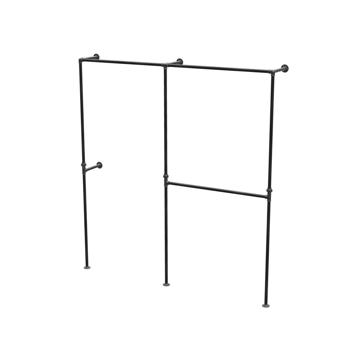 Penderie ouverte à deux baies en tuyaux de plomberie noirs Ø 27 mm — baies de 90 + 100 cm, vue de trois quarts sur fond blanc