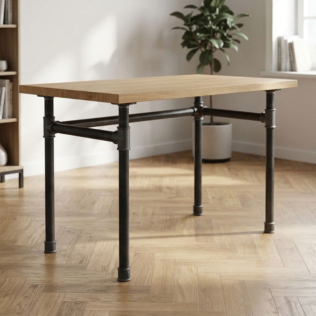Escritorio industrial con tablero de roble claro sobre estructura en U de hierro fundido y acero Ø 42 mm, ambiente (tablero no incluido)