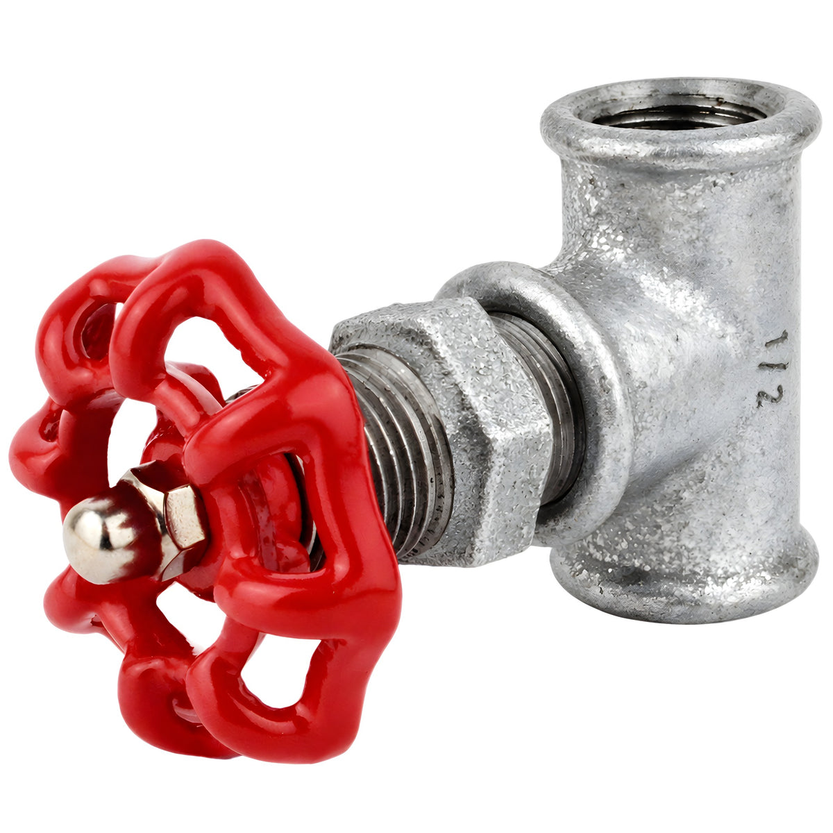 Racor estilo válvula de 1/2'' con volante rojo de 52 mm, tuerca de acero inoxidable, racor de hierro fundido galvanizado