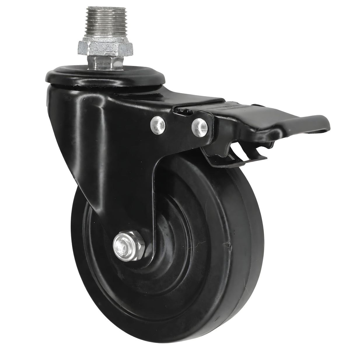 Rueda giratoria industrial negra de goma de 100 mm con freno, 1/2'' (15x21mm) macho, racor de hierro fundido galvanizado