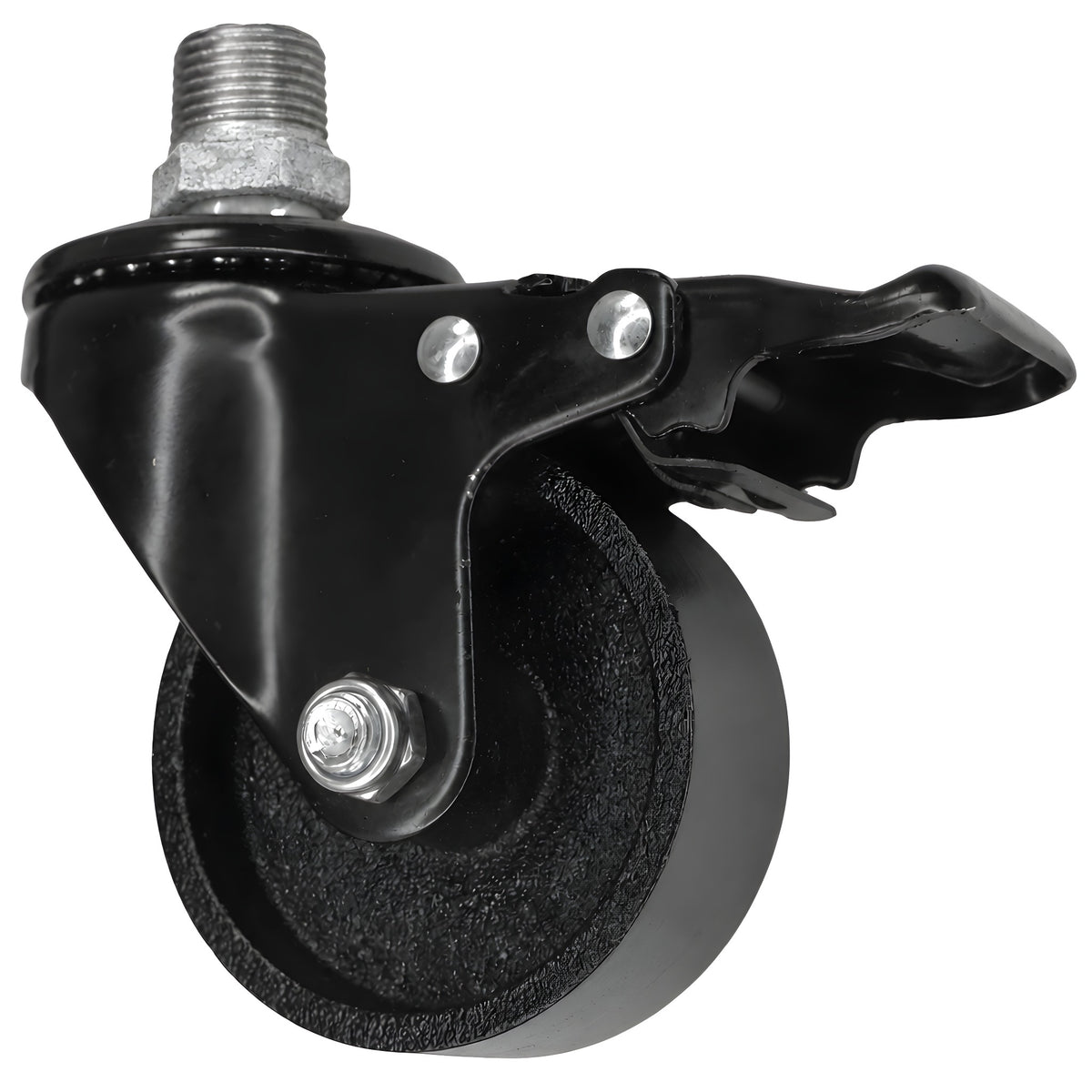 Rueda giratoria industrial negra de hierro fundido de 75 mm con freno, rosca macho, racor de hierro fundido galvanizado
