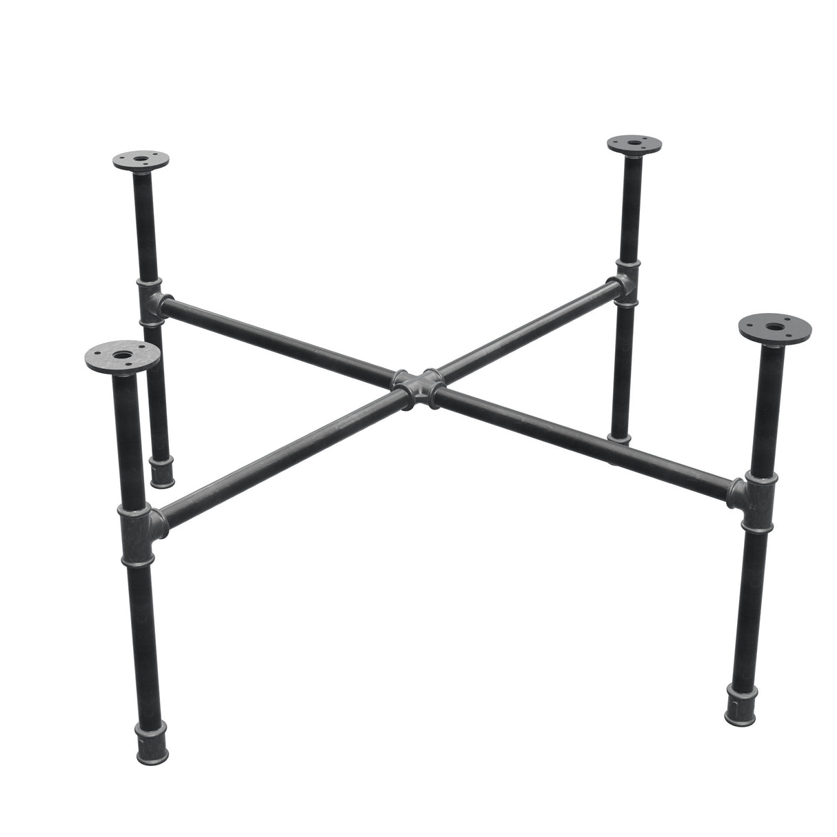 Base de mesa de centro industrial de hierro fundido, patas en cruz, 88 × 88 cm, altura 42 cm, vista tres cuartos