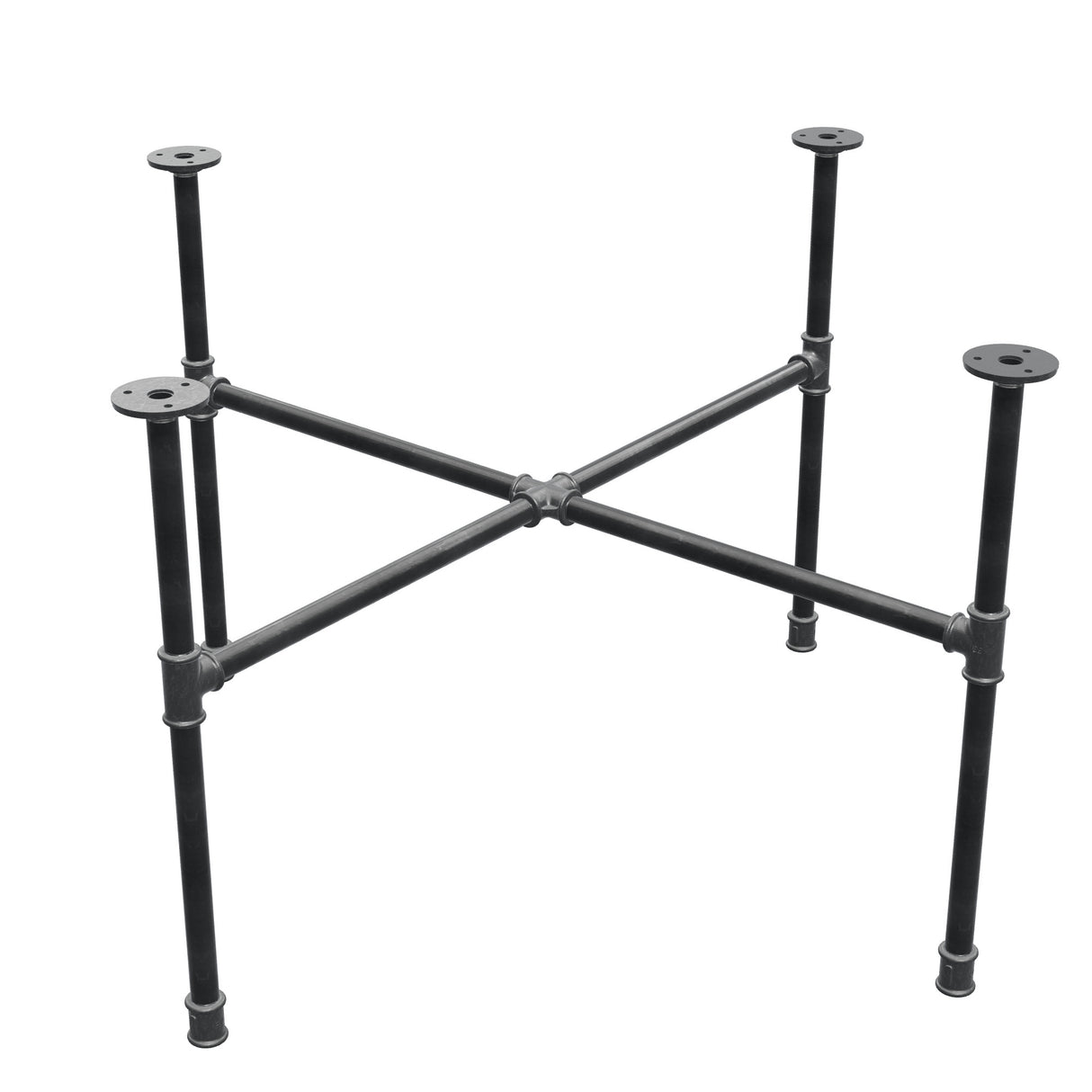 Base de mesa de centro industrial de hierro fundido, patas en cruz, 88 × 88 cm, altura 52 cm, vista tres cuartos