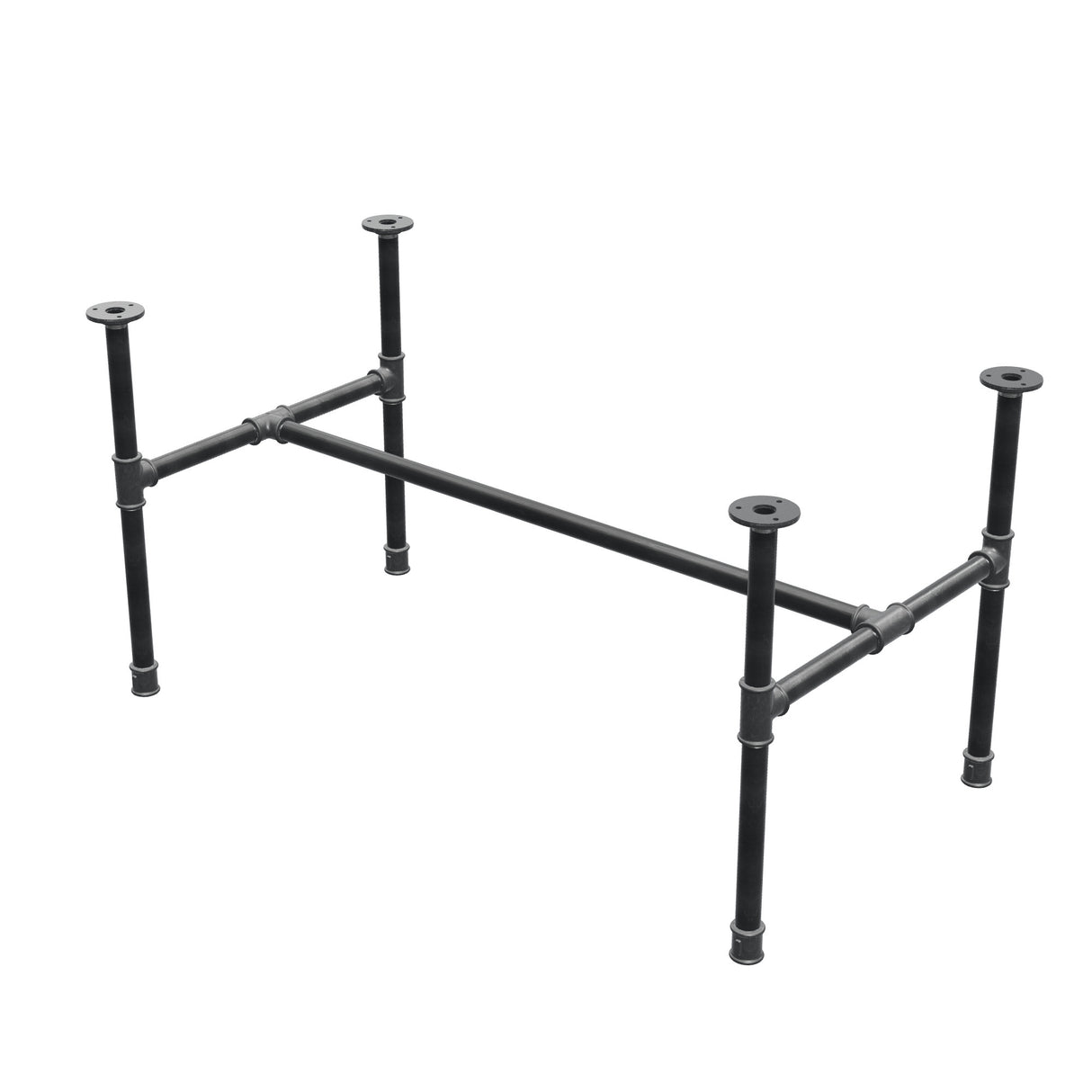 Estructura de mesa de centro industrial de hierro fundido, en H, 101 × 55 cm, altura 52 cm, vista tres cuartos