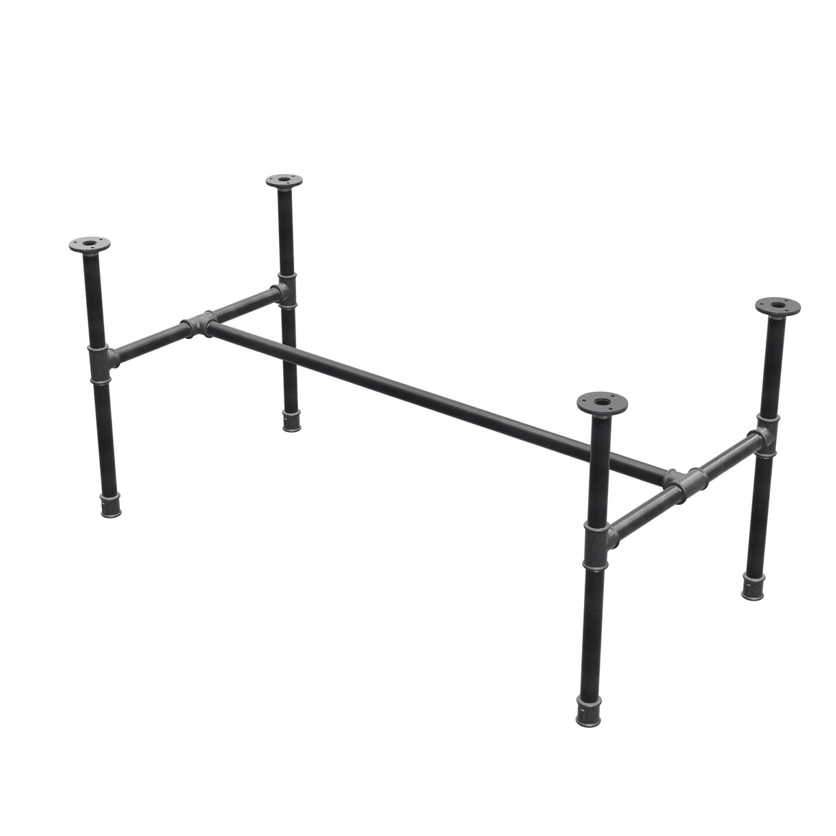 Estructura de mesa de centro industrial de hierro fundido, en H, 111 × 55 cm, altura 52 cm, vista tres cuartos