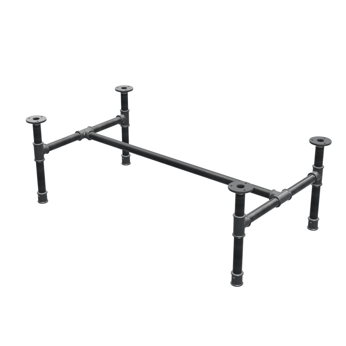 Estructura de mesa de centro industrial de hierro fundido, en H, 91 × 51 cm, altura 32 cm, vista tres cuartos