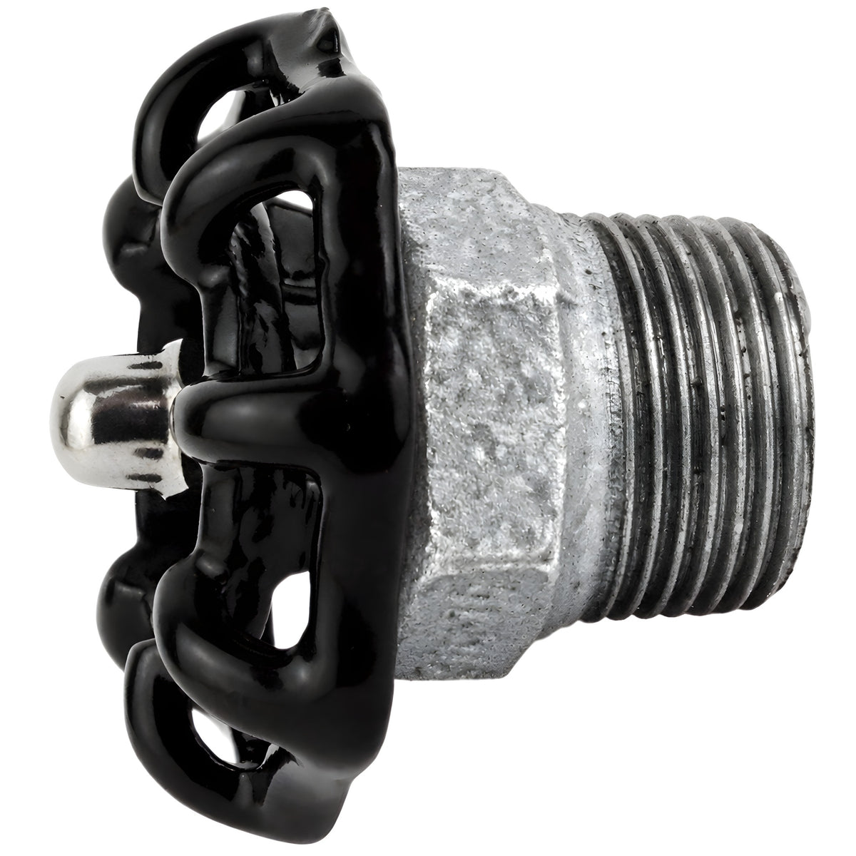 Volante negro de 52 mm sobre medio niple, tuerca de acero inoxidable, racor de hierro fundido galvanizado