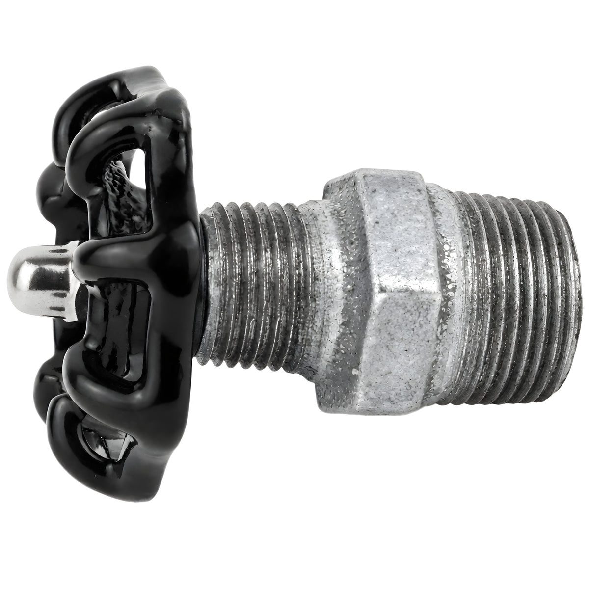 Volante negro de 52 mm sobre niple, tuerca de acero inoxidable, racor de hierro fundido galvanizado