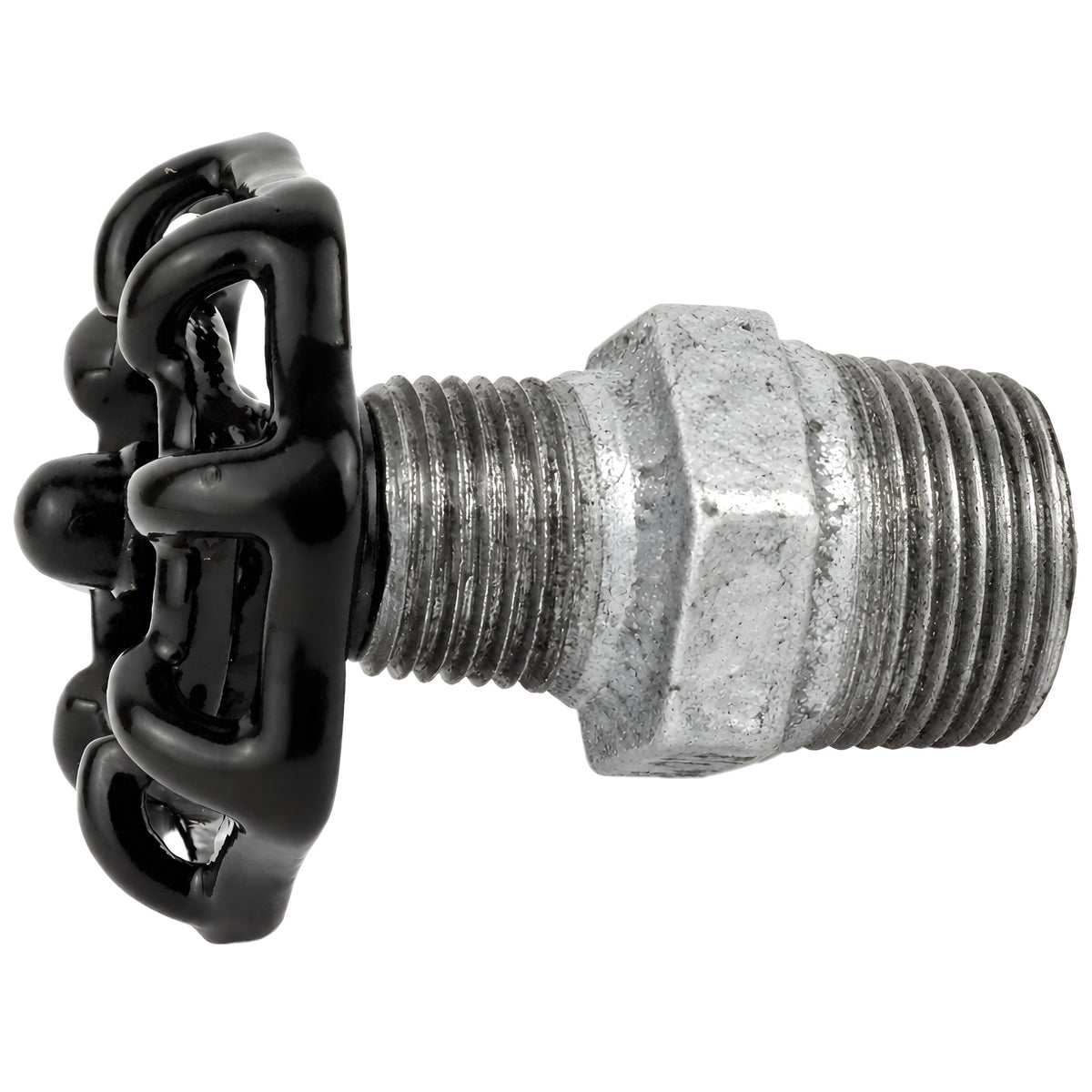 Volante negro de 52 mm sobre niple, tuerca negra, racor de hierro fundido galvanizado