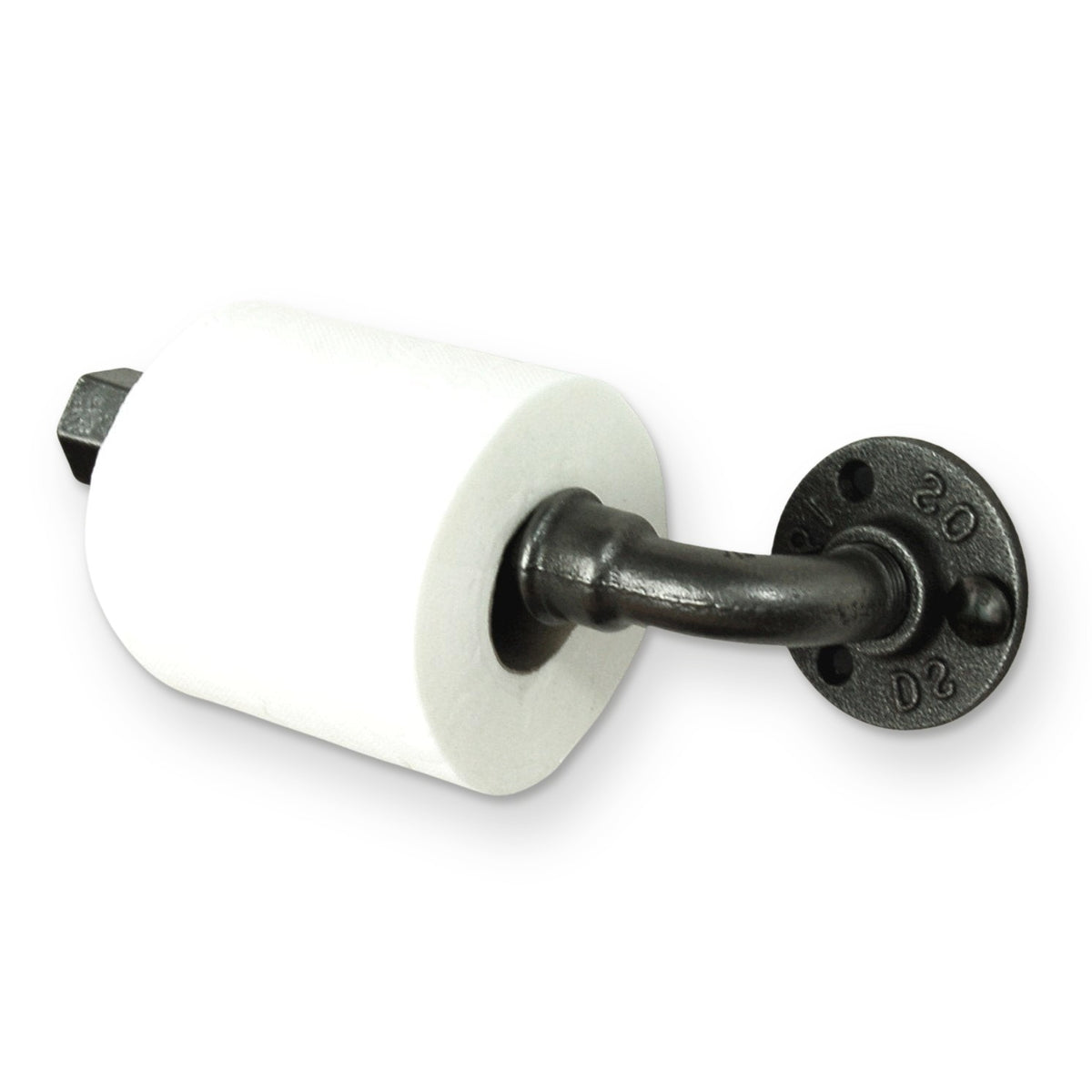 Portarrollos de papel higiénico hecho con accesorios de fontanería, vista de tres cuartos desde la derecha, con rollo