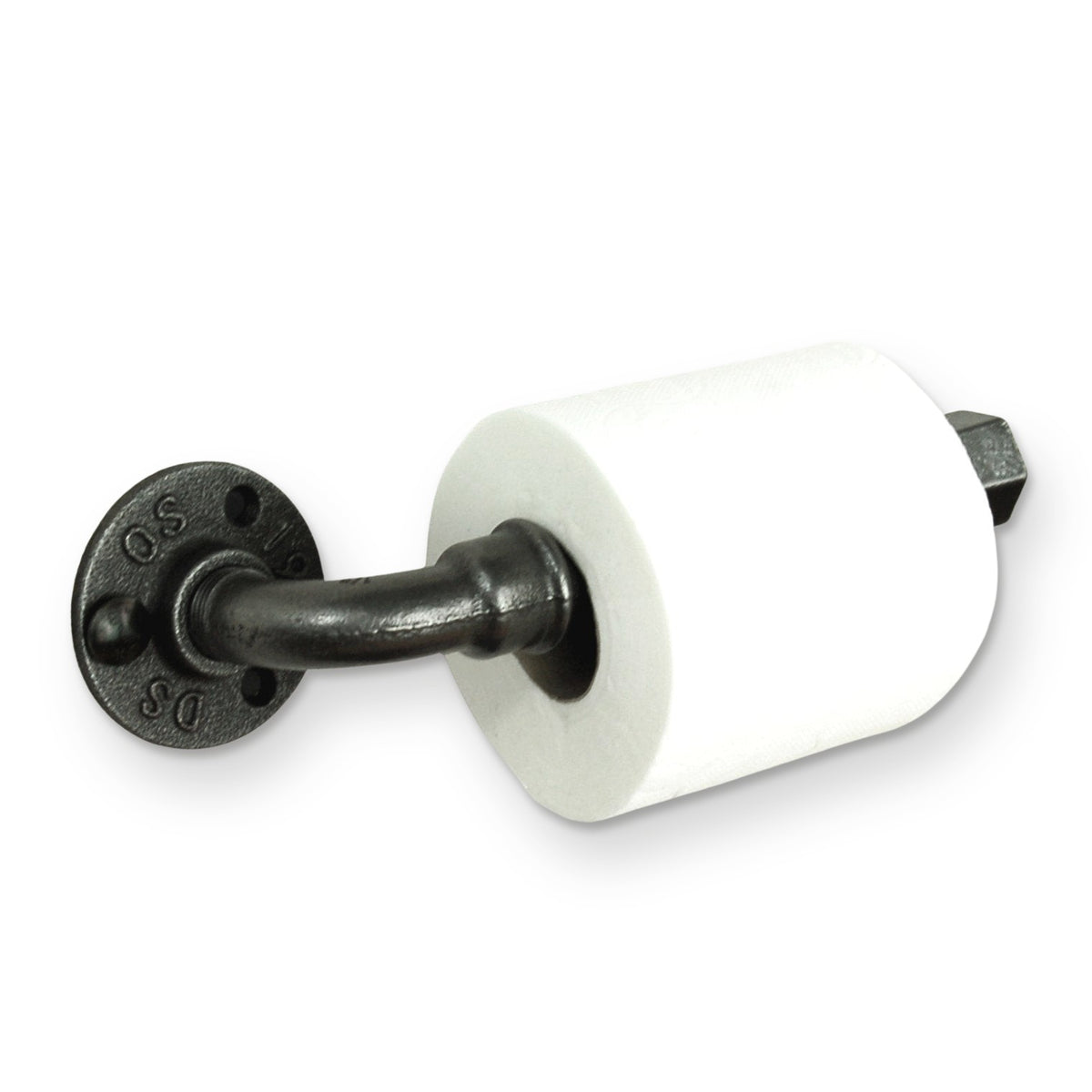 Portarrollos de papel higiénico de hierro fundido negro y acero con rollo, vista de tres cuartos desde la izquierda