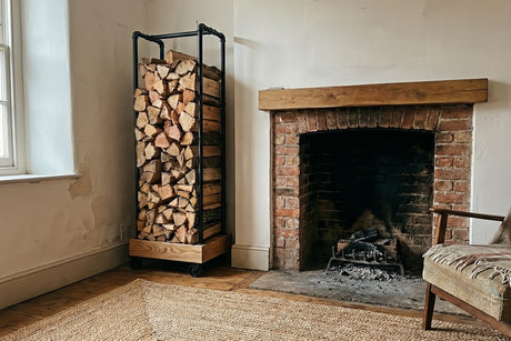 Porte-bûches en tuyaux de plomberie noirs rempli de bûches à côté d'une cheminée en briques