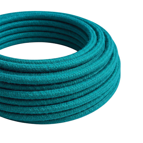 Cable textil redondo de algodón – Cerúleo, rollo en primer plano