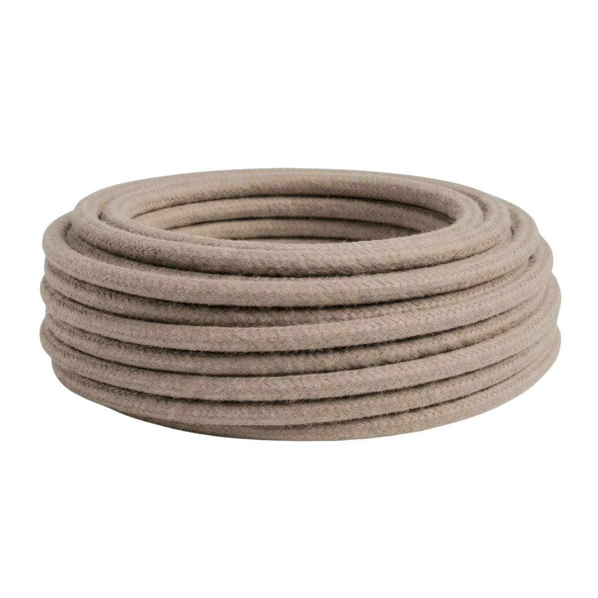 Cable textil redondo de algodón – Gris tórtola, rollo visto de perfil
