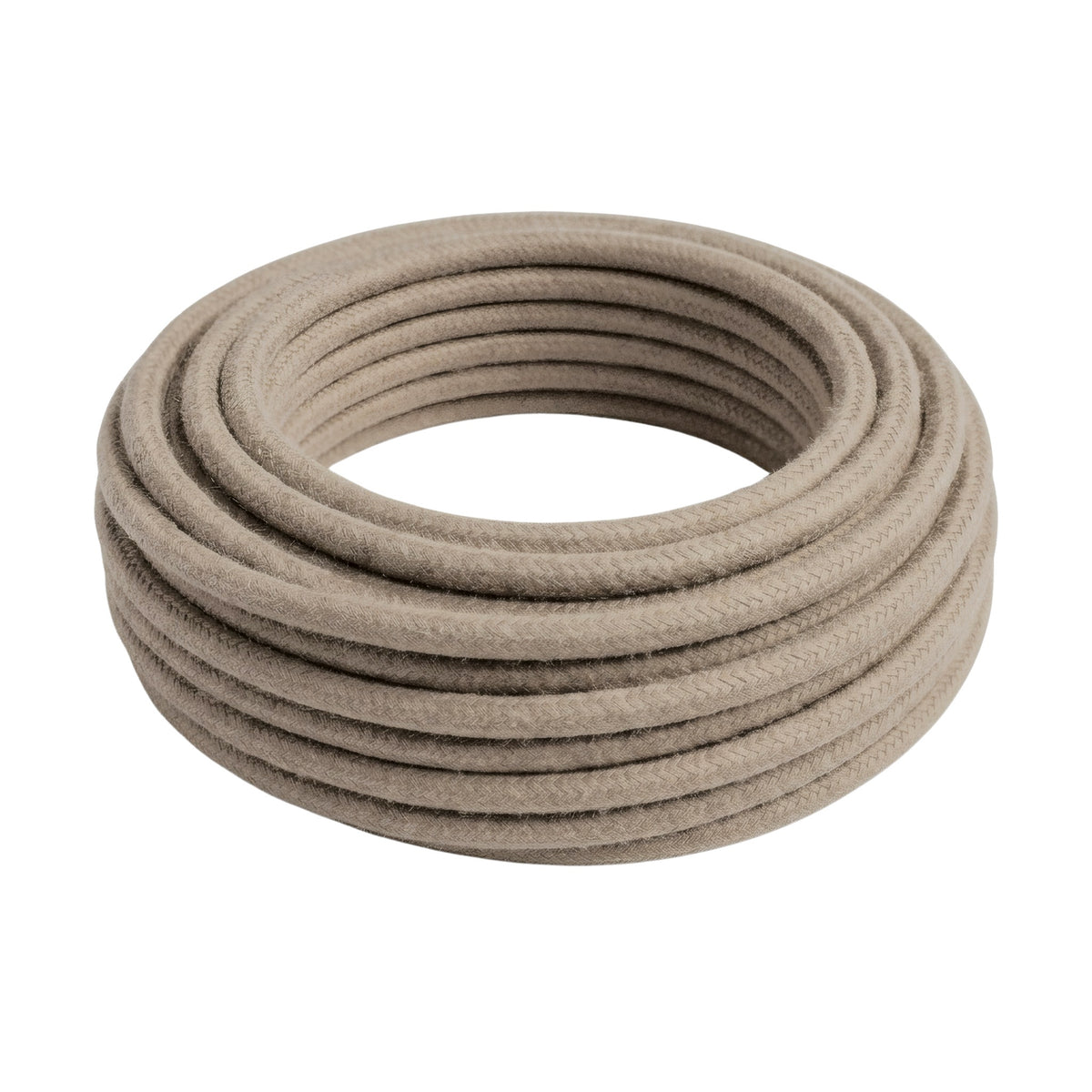 Cable textil redondo de algodón – Gris tórtola, rollo visto de tres cuartos