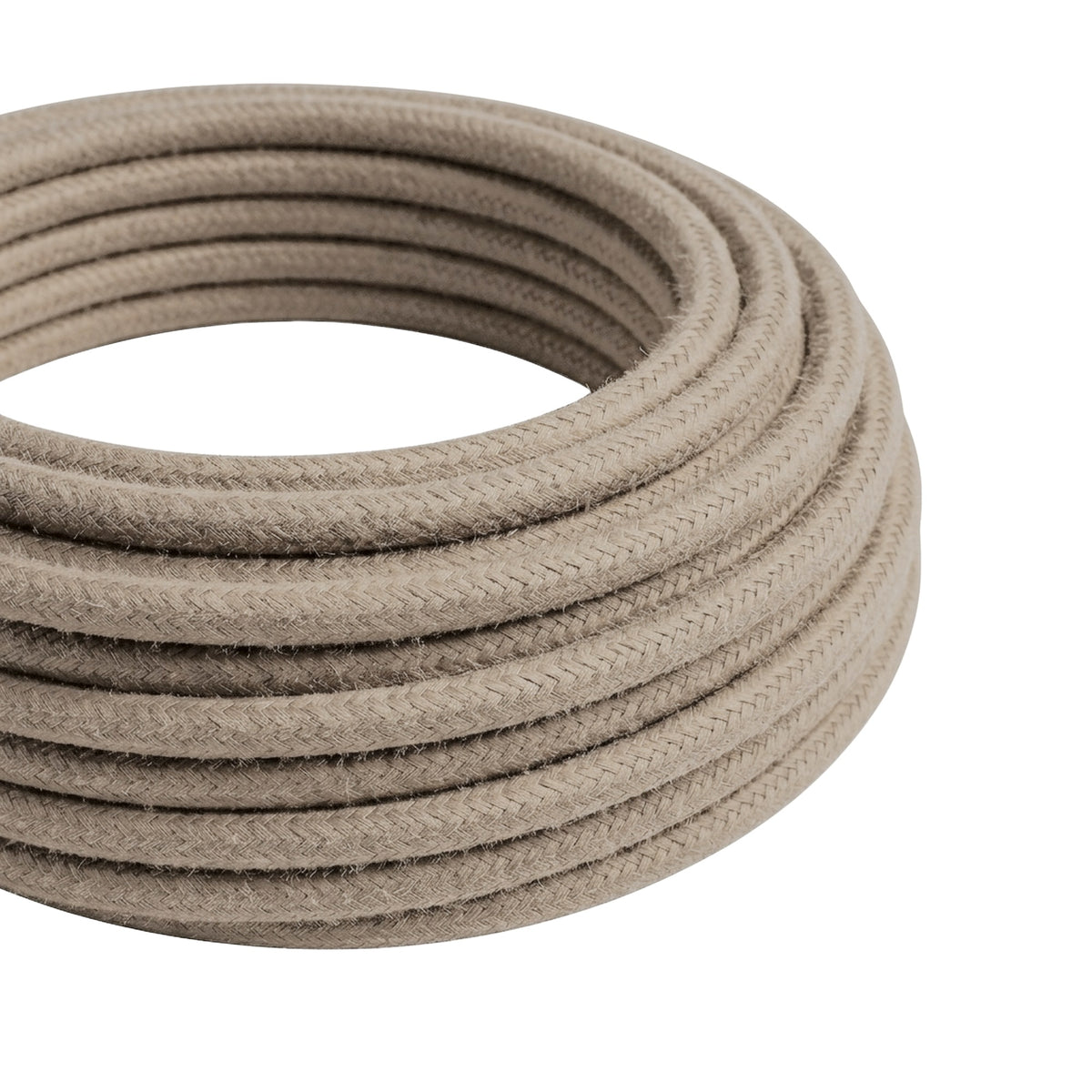 Cable textil redondo de algodón – Gris tórtola, rollo en primer plano