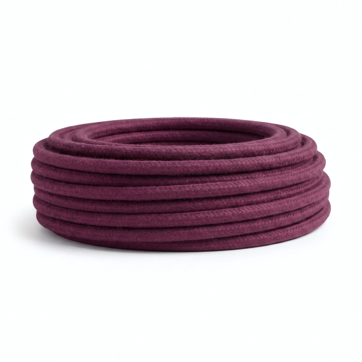 Cable textil redondo de algodón – Vino tinto, rollo visto de perfil