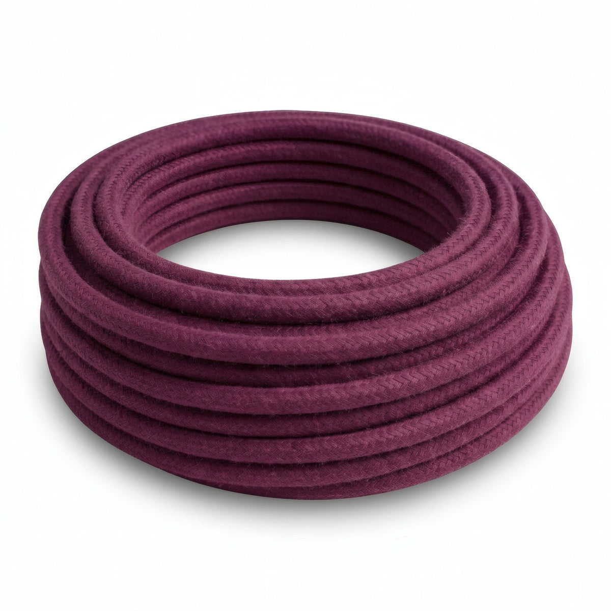 Cable textil redondo de algodón – Vino tinto, rollo visto de tres cuartos