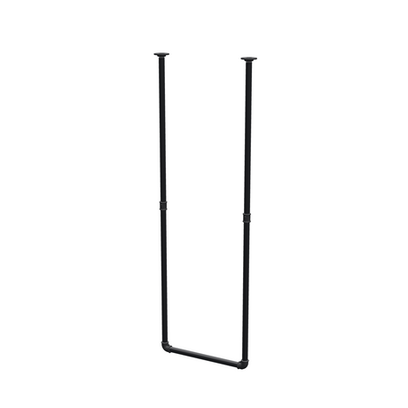 Barra de ropa suspendida del techo en tubo de acero pintado de negro mate Ø 27 mm — anchura 46 cm, altura bajo techo 143 cm, vista de tres cuartos sobre fondo blanco