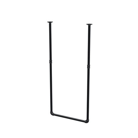 Barra de ropa suspendida del techo en tubo de acero pintado de negro mate Ø 27 mm — anchura 56 cm, altura bajo techo 123 cm, vista de tres cuartos sobre fondo blanco